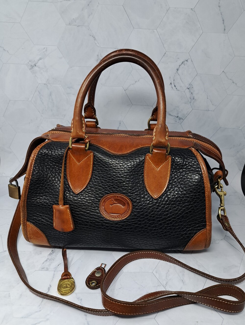 Vintage Dooney & Bourke Gladstone Satchel Black Pebbled Leather - Tan Trim